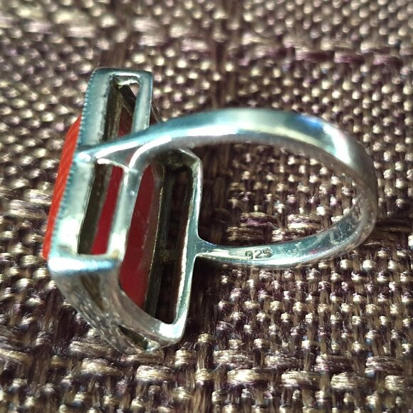 Rare Vintage Carnelian Marcasite 925 Sterling Art Deco Revival Statement Ring - Picture 6 of 12